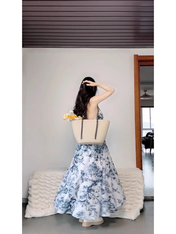 Retro A Line V Neckline Floral Blue Ankle length Prom Dresses Birthday Outfits SD545